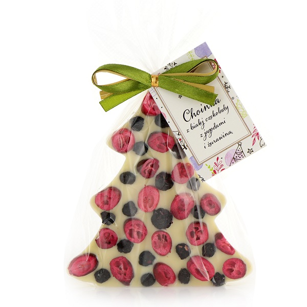 Czekolada świąteczna Choinka z białej czekolady z żurawiną i jagodą 65g